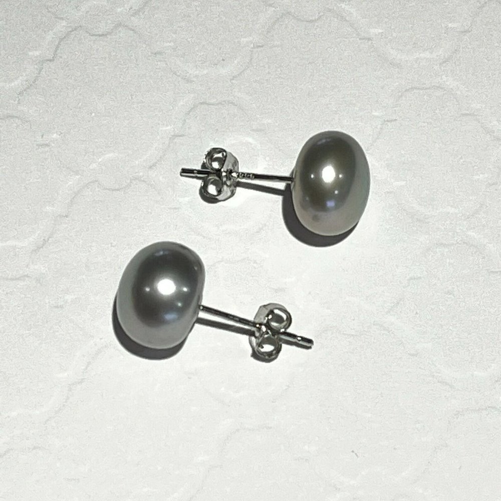 NEW 925 Sterling Silver Real 9 mm Gray Cultured Freshwater Pearl Stud Earrings - Picture 5 of 11